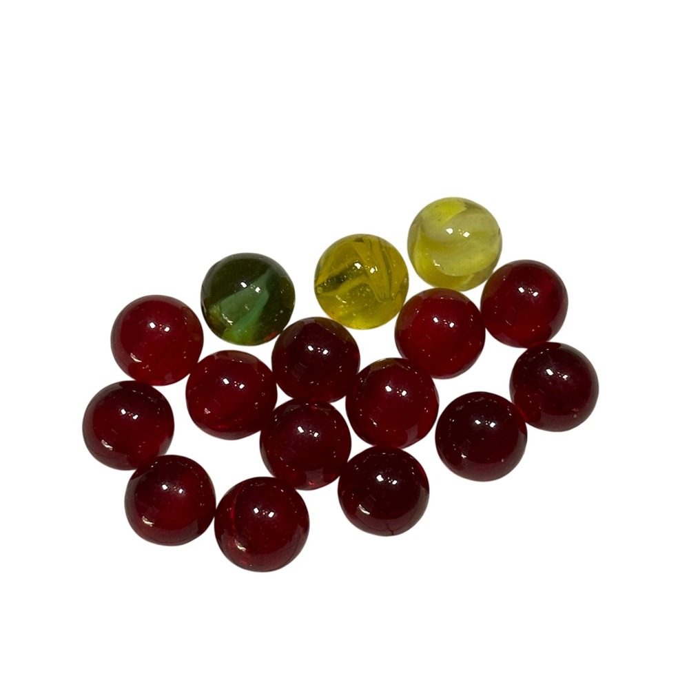 Vintage Glass Marbles Lot 16pc Ruby Red Translucent and Yellow Green Catseye